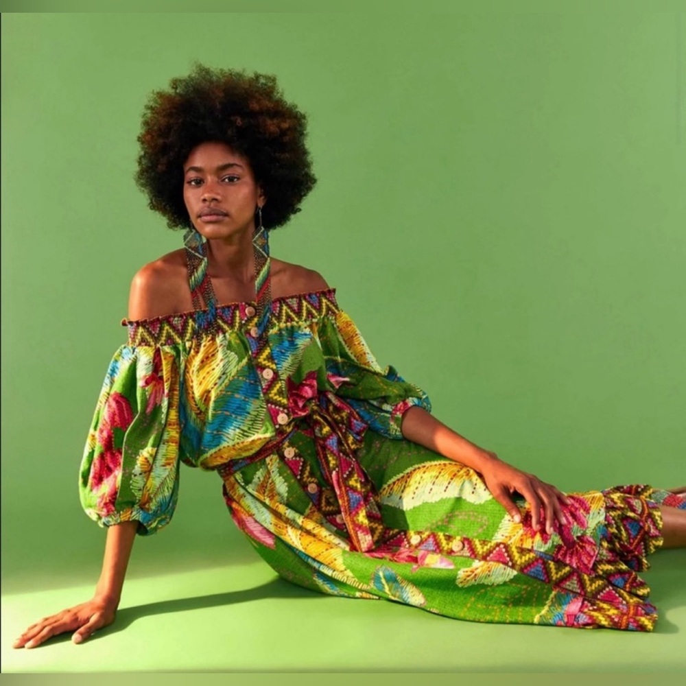 Farm Rio banana leaves off shoulder linen midi dress pockets belted
